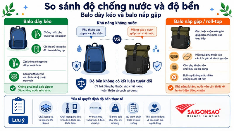 Độ chống nước của balo dây kéo và balo nắp gập