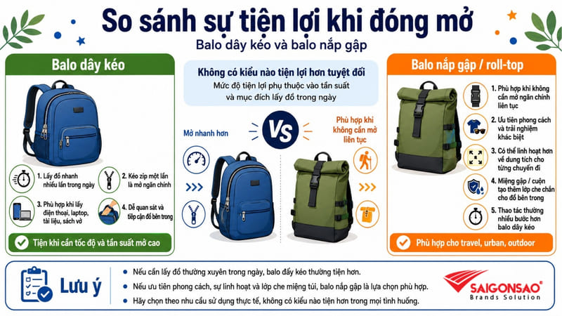 Sự tiện lợi khi người dùng đóng mở giữa balo dây kéo và balo nắp gập