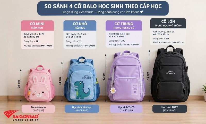 Kích thước balo học sinh theo từng cấp học