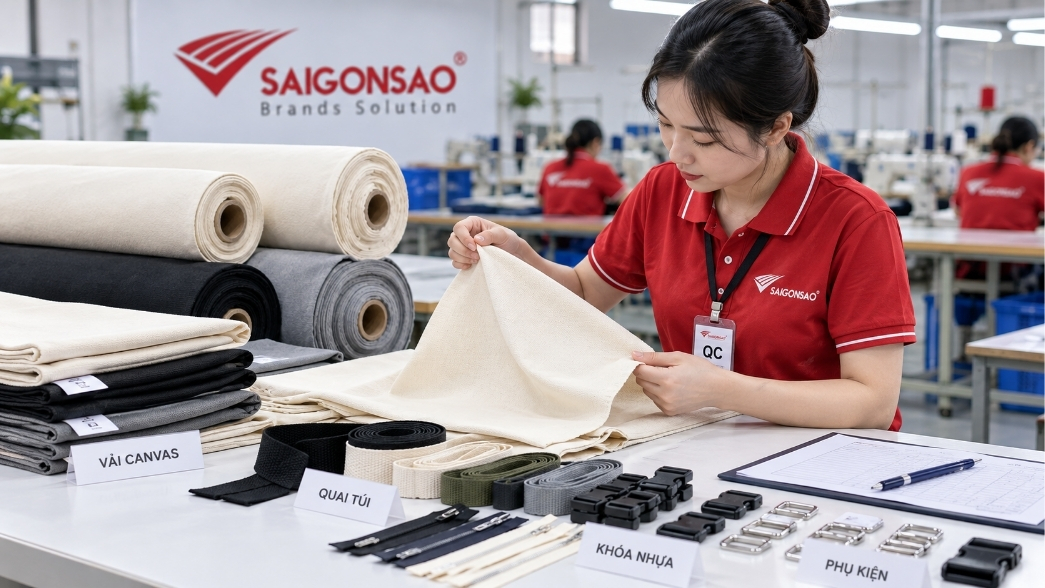 Nhân viên QC đang kiểm tra vải và phụ kiện đầu vào trên bàn kiểm hàng tại xưởng Nhân viên QC kiểm tra vải và phụ kiện đầu vào cho balo