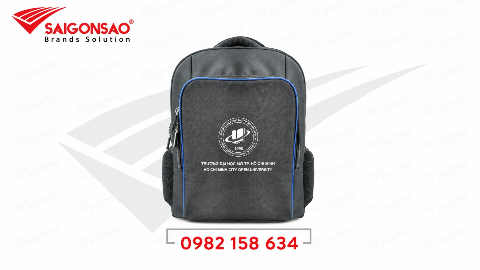 Balo sinh viên đại học Mở Balo sinh viên Đại học Mở TP.HCM màu xám, viền xanh
