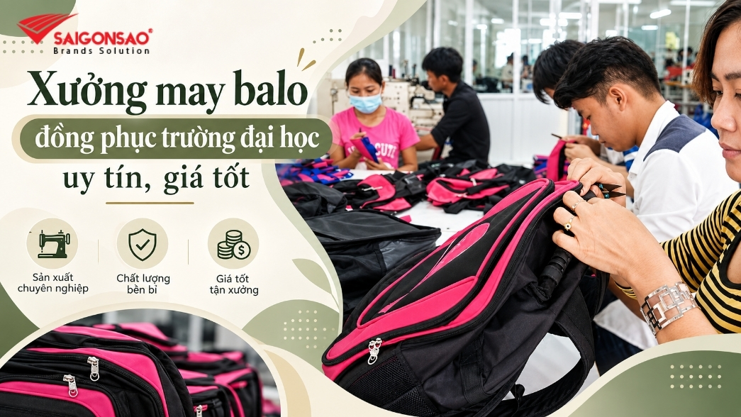 Xưởng may balo đồng phục trường đại học Sài Gòn Sao, công nhân kiểm tra sản phẩm
