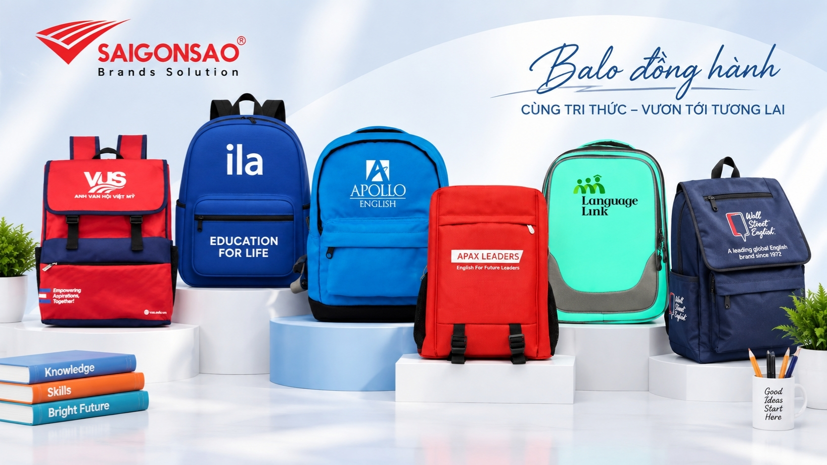 Một số mẫu balo mang nhận diện trung tâm Anh ngữ để tham khảo thiết kế Các mẫu balo mang logo VUS, ILA, Apollo, Apax, Language Link và Wall Street English