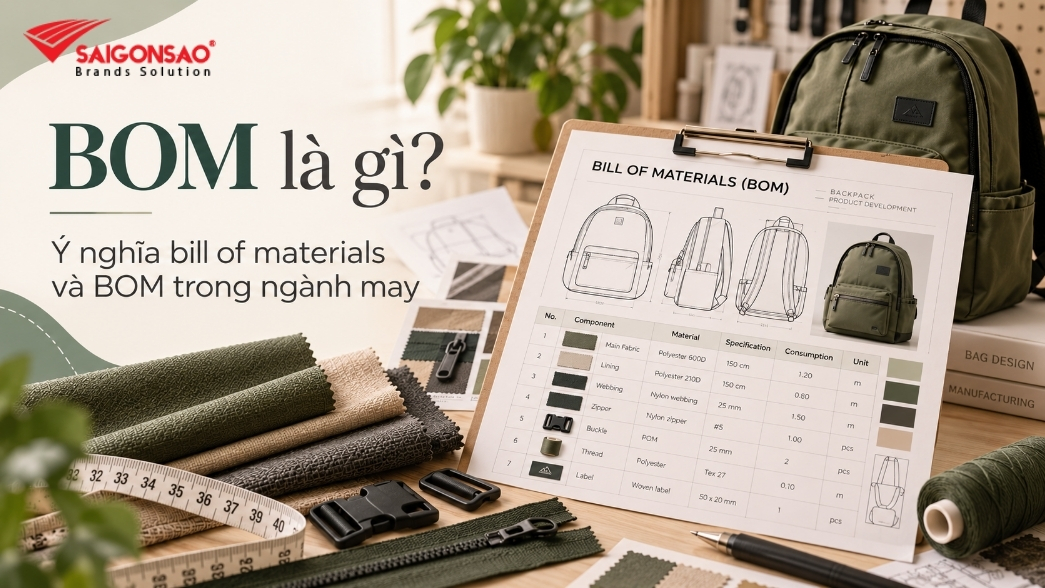 Bảng bill of materials cho balo cùng mẫu vải và phụ liệu ngành may