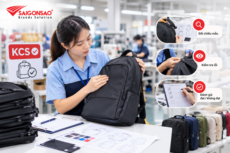 KCS là gì? KCS là gì? Nhân viên KCS đối chiếu balo với mẫu duyệt và kiểm tra chất lượng sản phẩm