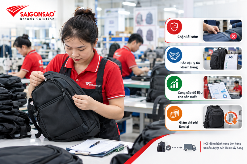 Vai trò cốt lõi của bộ phận KCS trong xưởng sản xuất may balo Bộ phận KCS kiểm tra balo để phát hiện lỗi sớm và giảm chi phí làm lại