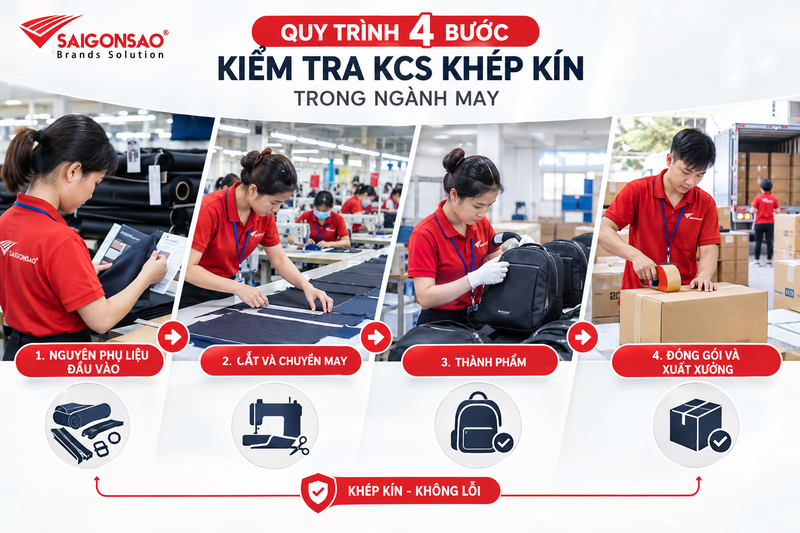 Quy trình 4 bước kiểm tra KCS khép kín trong ngành may Quy trình kiểm tra KCS trong may mặc qua bốn bước sản xuất balo