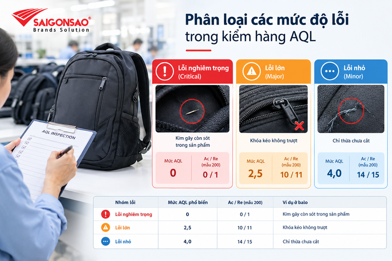 Phân loại các mức độ lỗi trong kiểm hàng AQL Phân loại lỗi nghiêm trọng, lỗi lớn và lỗi nhỏ khi kiểm hàng AQL