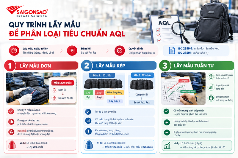 Quy trình lấy mẫu để phân loại tiêu chuẩn AQL Lấy mẫu kiểm tra chất lượng balo theo quy trình AQL