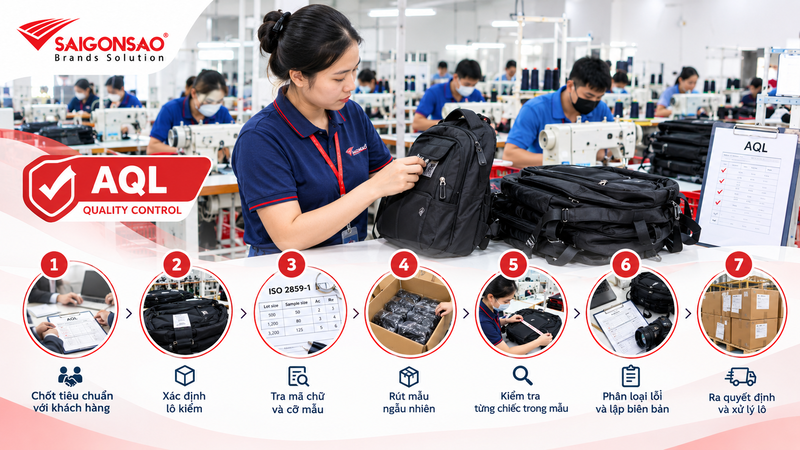 Quy trình kiểm hàng AQL trong may mặc tại Sài Gòn Sao Long An Quy trình kiểm hàng AQL trong sản xuất balo tại Sài Gòn Sao Long An