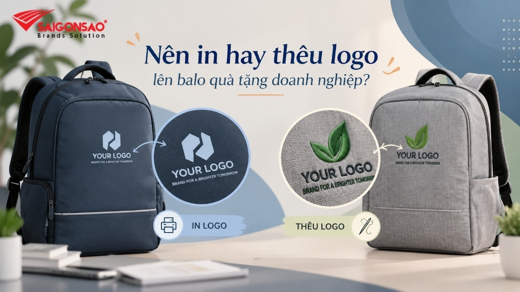 Hai mẫu balo quà tặng doanh nghiệp minh họa logo in phẳng và logo thêu nổi