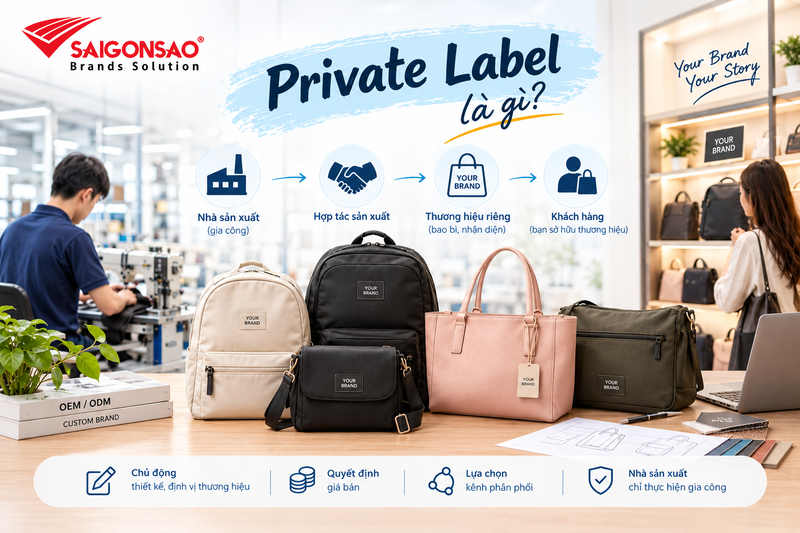 Private label là gì? Private label là gì? Sơ đồ private label từ xưởng sản xuất đến thương hiệu balo, túi xách riêng